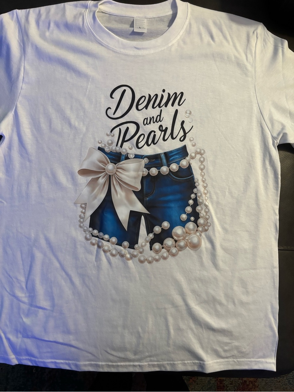 Denim and Pearls Graphic Tee - White